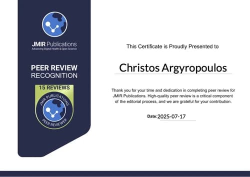 Recognition of Dr. Christos D. Argyropoulos for his contributions as a Peer Reviewer to JMIR Publications.